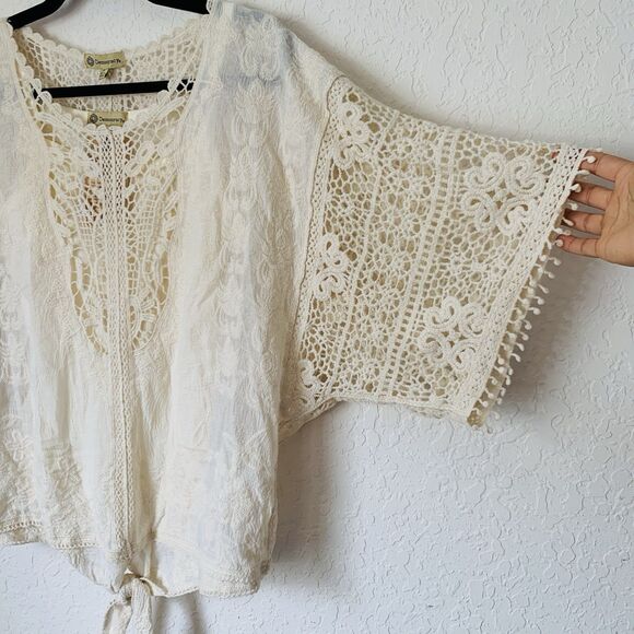 NWT Democracy Blouse Beige S Embroidered Open Crochet Lace Peasant Boho Cottage - Picture 3 of 10